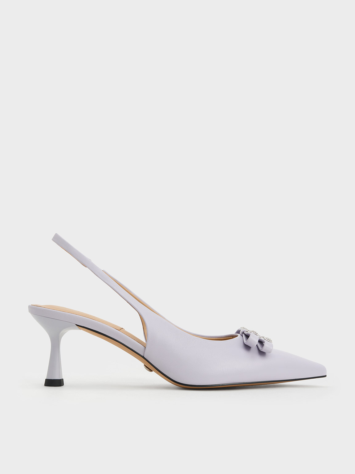 Charles & Keith - Bow Crystal-Embellished Leather Slingback Pumps