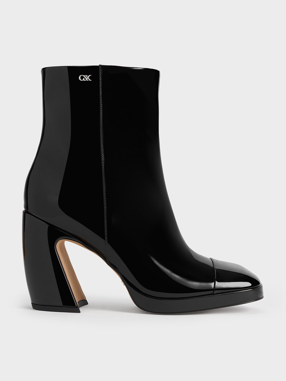 Black Jyll Patent Leather Sculptural Heel Ankle Boots CHARLES KEITH UK