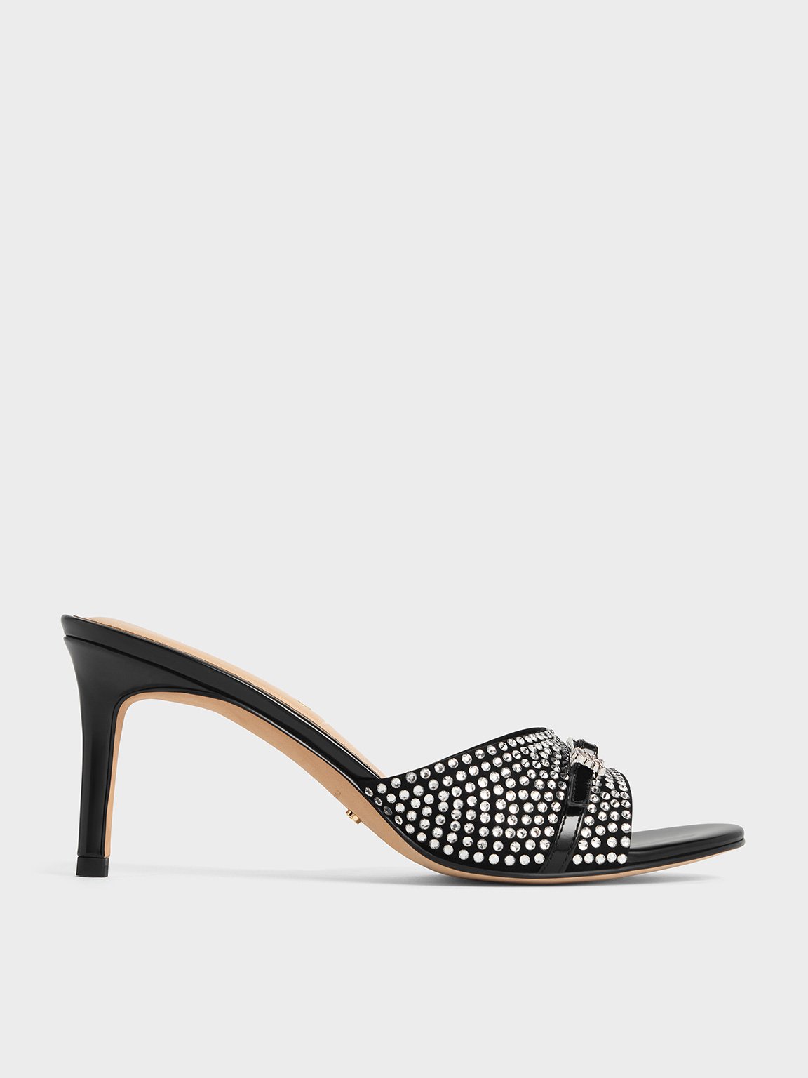 Charles & Keith - Leather & Suede Crystal-Embellished Buckle-Strap Heeled Mules