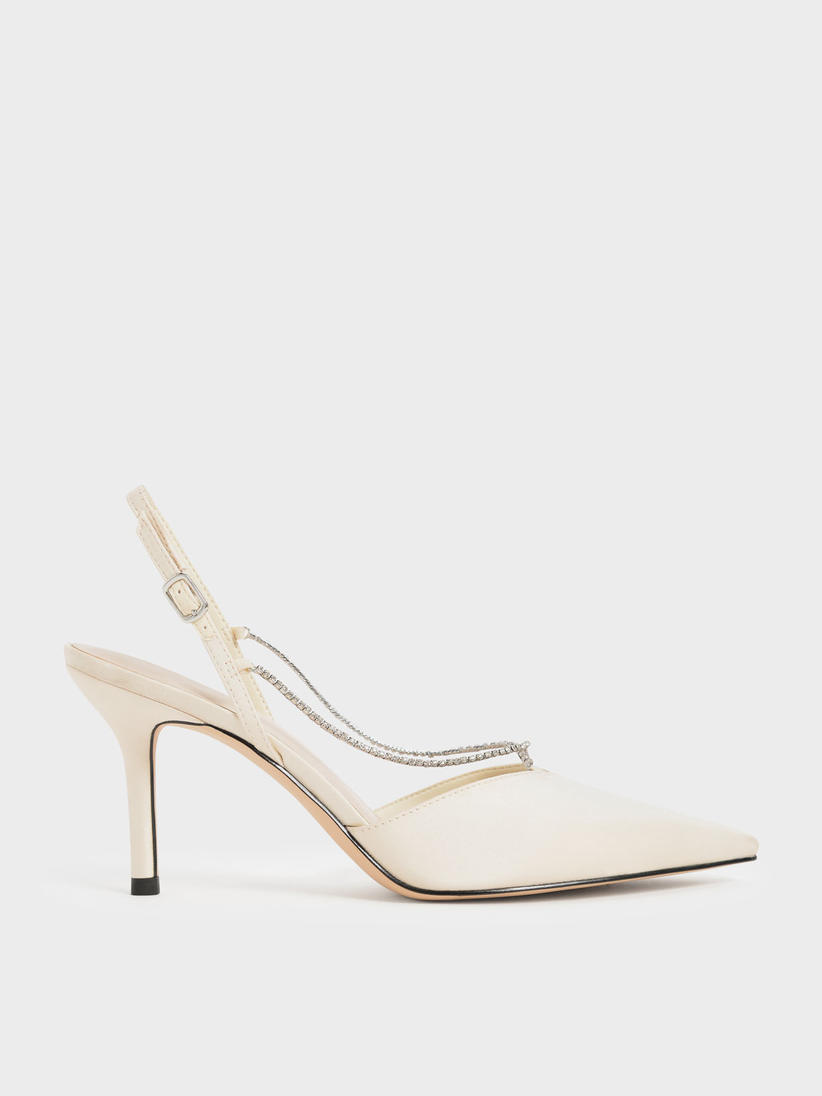 

Crystal-Embellished Satin Slingback Pumps, Chalk