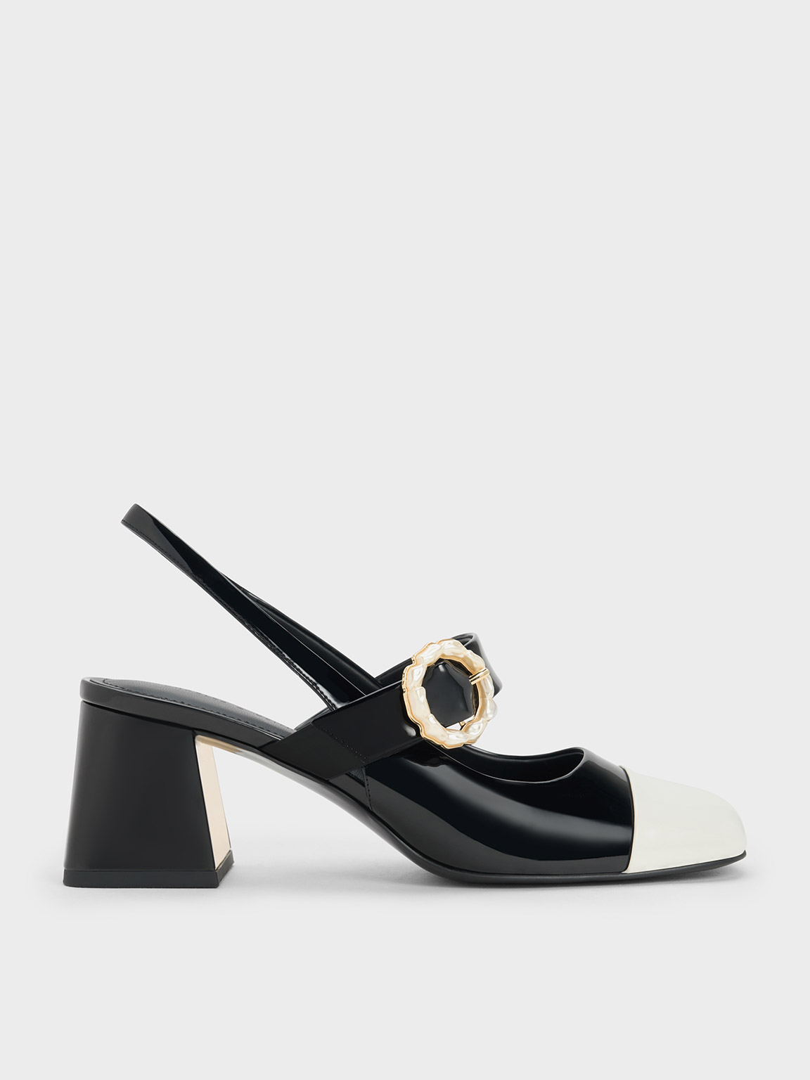 Black Patent Two-Tone Pearl Buckle Slingback Pumps | CHARLES & KEITH UK