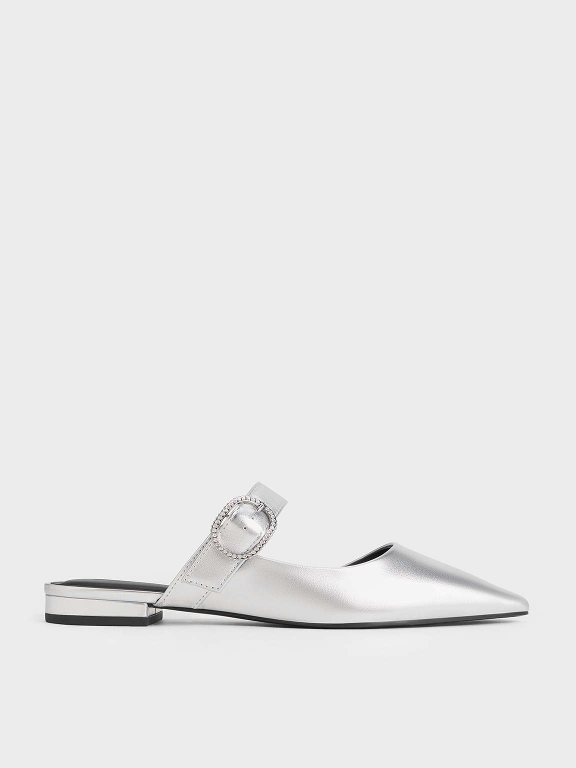 Charles & Keith - Metallic Crystal-Buckle Pointed-Toe Mules