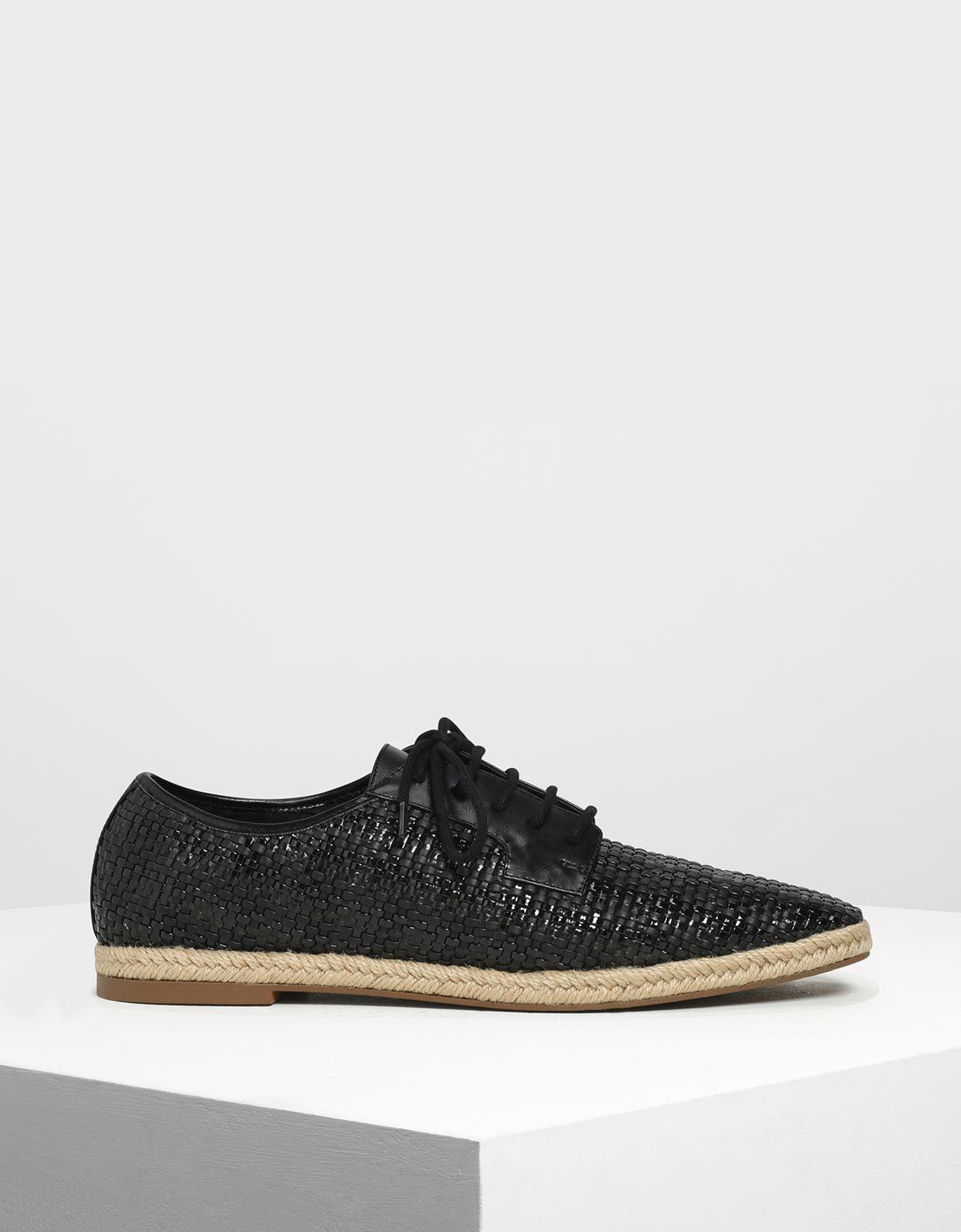 

Patent Raffia Derby Shoes, Black