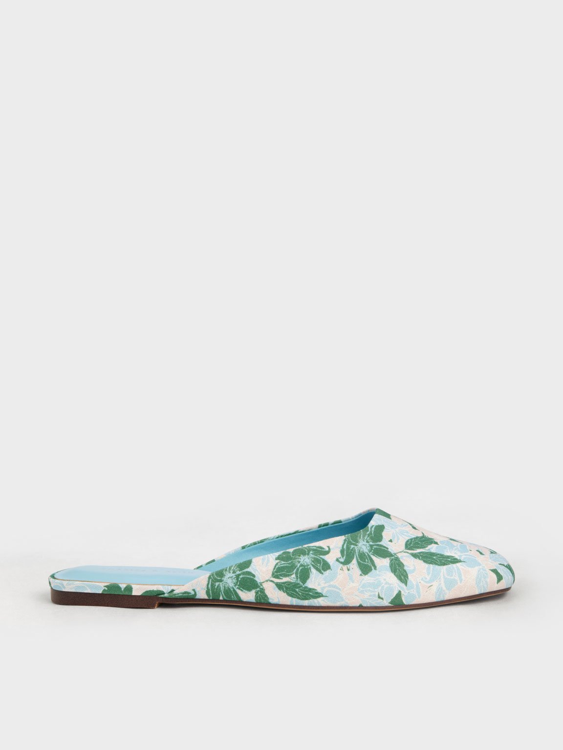 

Linen Floral-Print Square-Toe Flat Mules