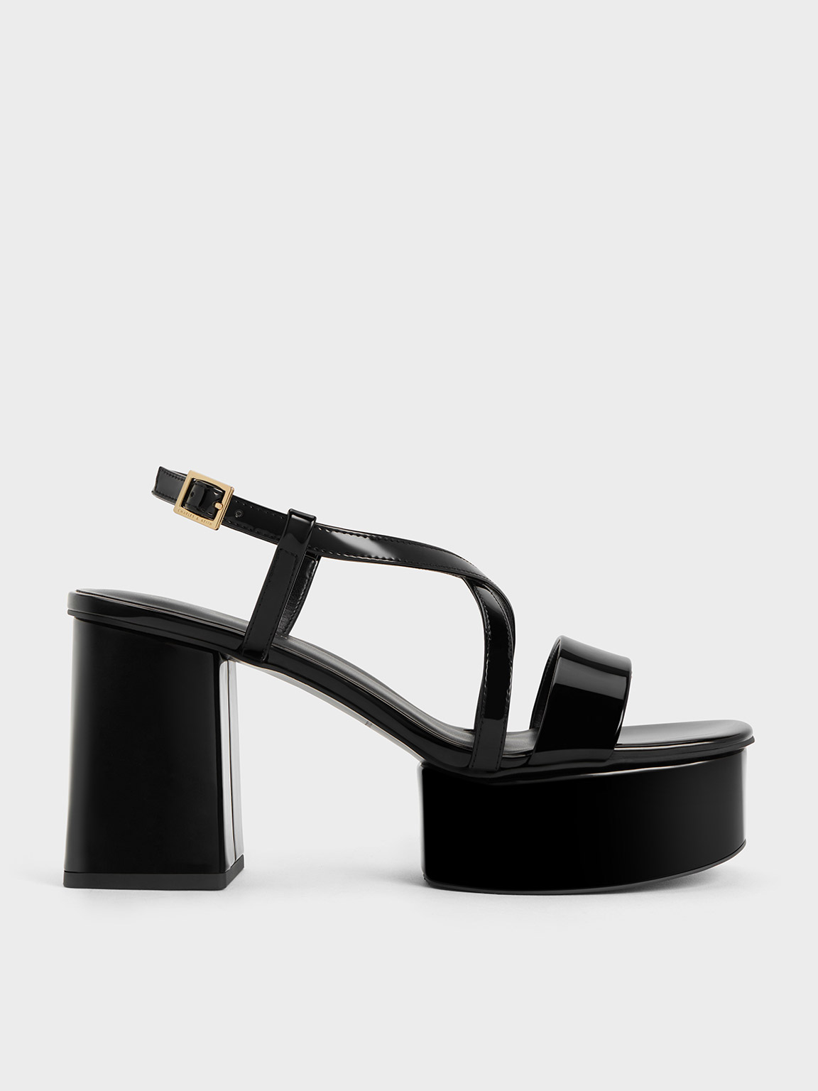 Charles & Keith Patent Crossover Strap Platform Sandals In Black Patent