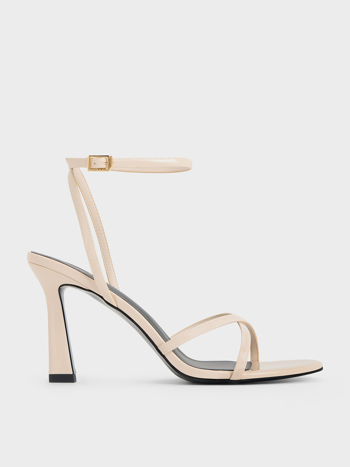 Cream Patent Crossover-Strap Heeled Sandals - CHARLES & KEITH UK