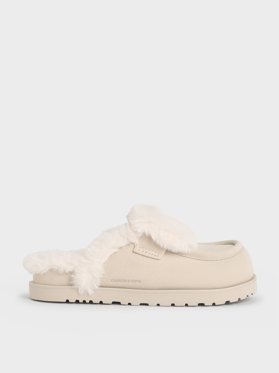 Charles & Keith - Textured Fur-Trim Flatform Mules