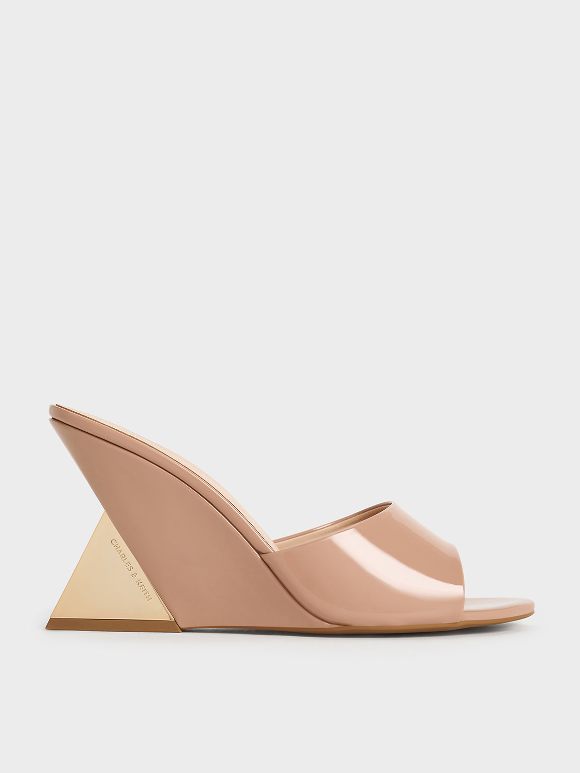Shop Charles & Keith - Patent Triangle-heel Wedge Mules In Nude