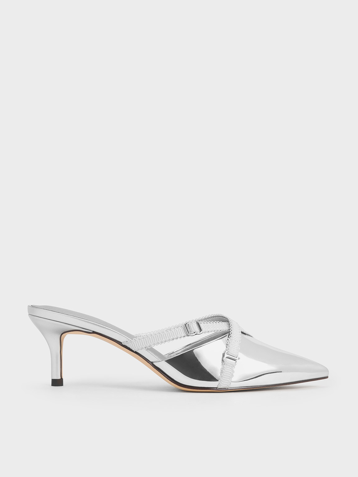 Charles & Keith - Metallic Grosgrain-Strap Pointed-Toe Mules