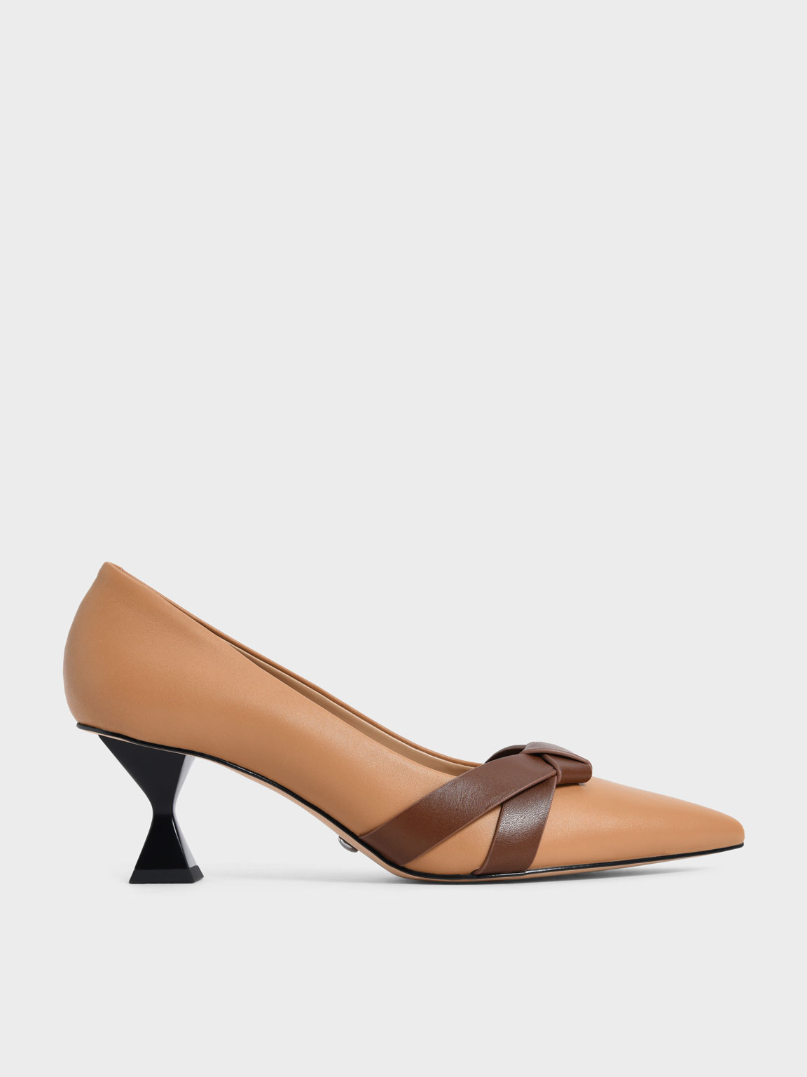 

Leather Knotted Bow Sculptural Heel Pumps, Caramel