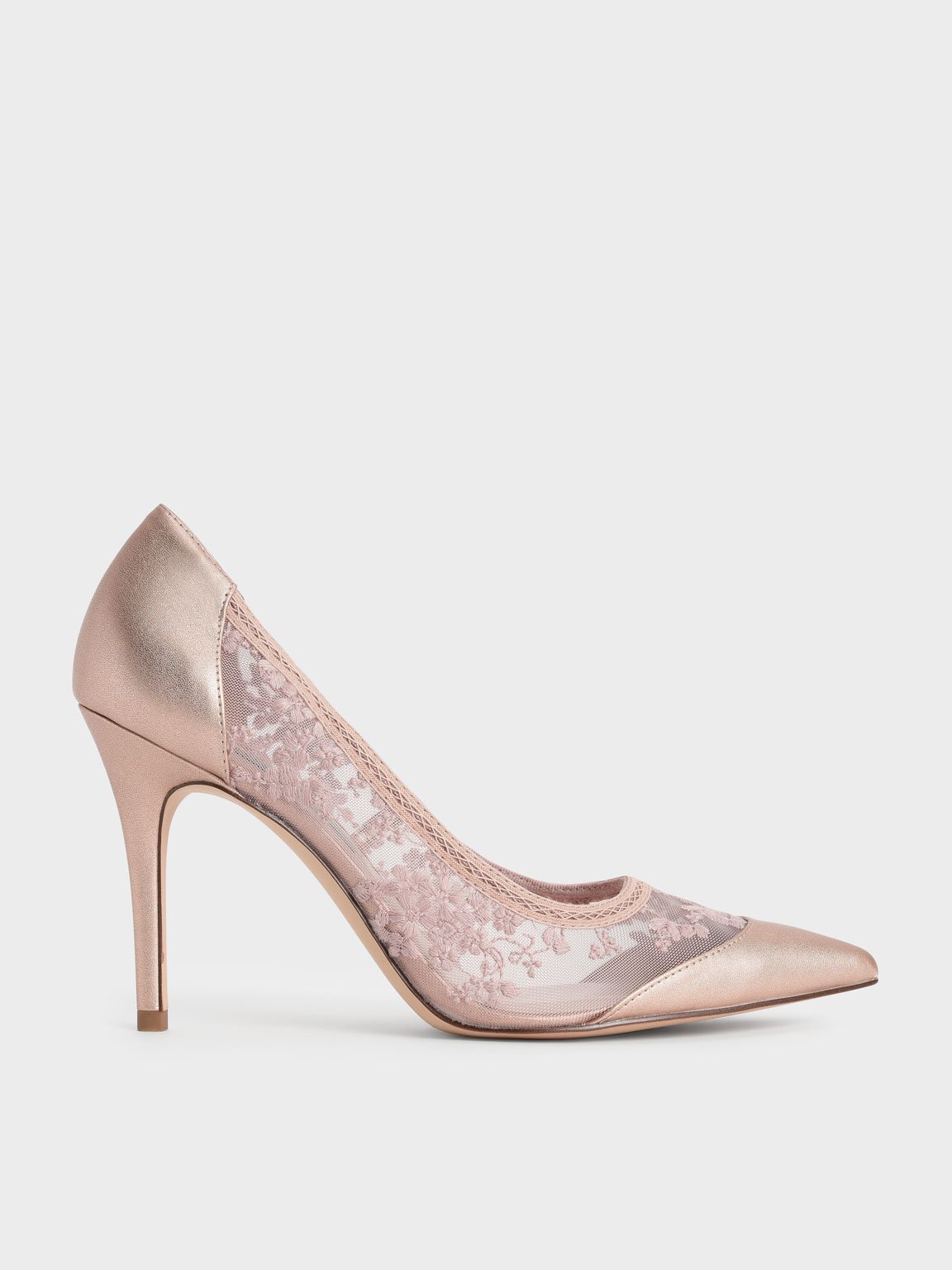 

Embroidered Mesh Pointed Pumps, Rose gold