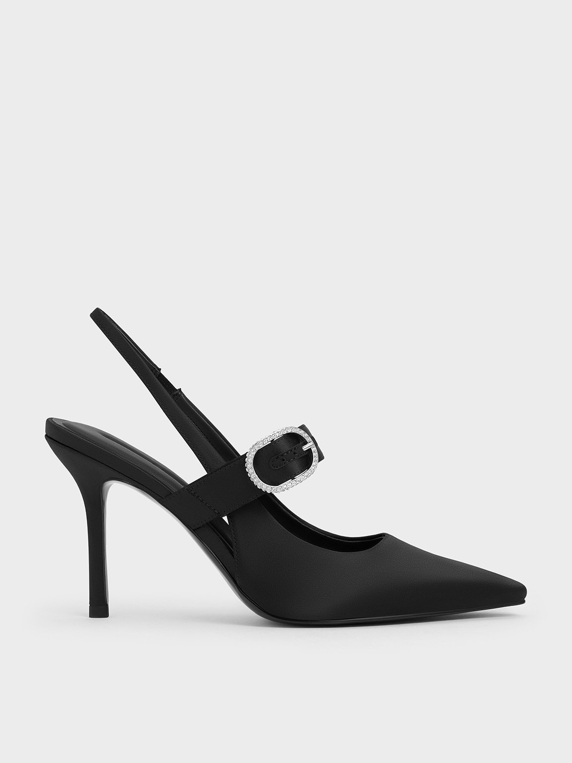 Charles & Keith - Satin Crystal-Embellished Slingback Mary Jane Pumps