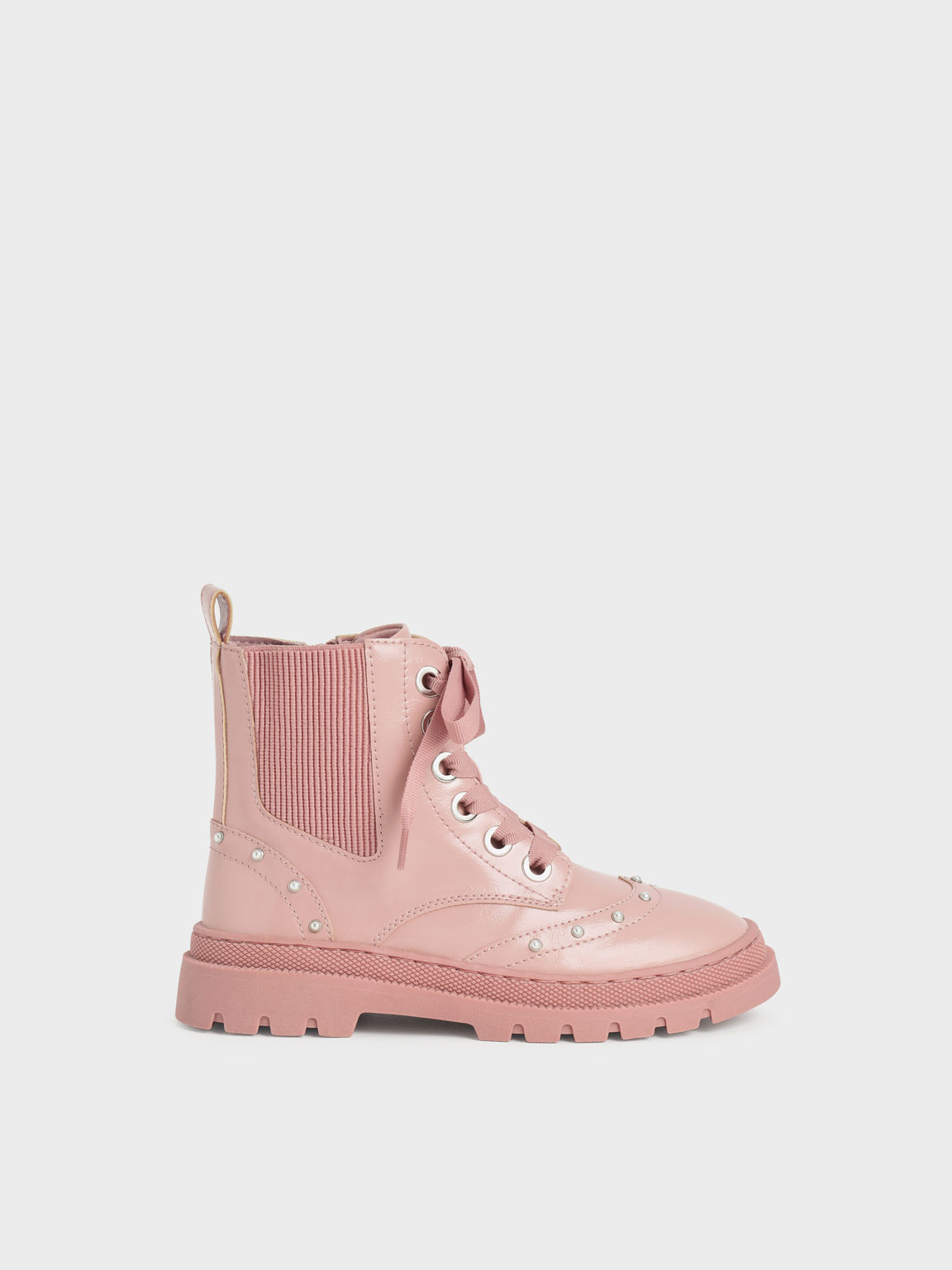 

Girls' Patent Studded Lace-Up Ankle Boots, Pink