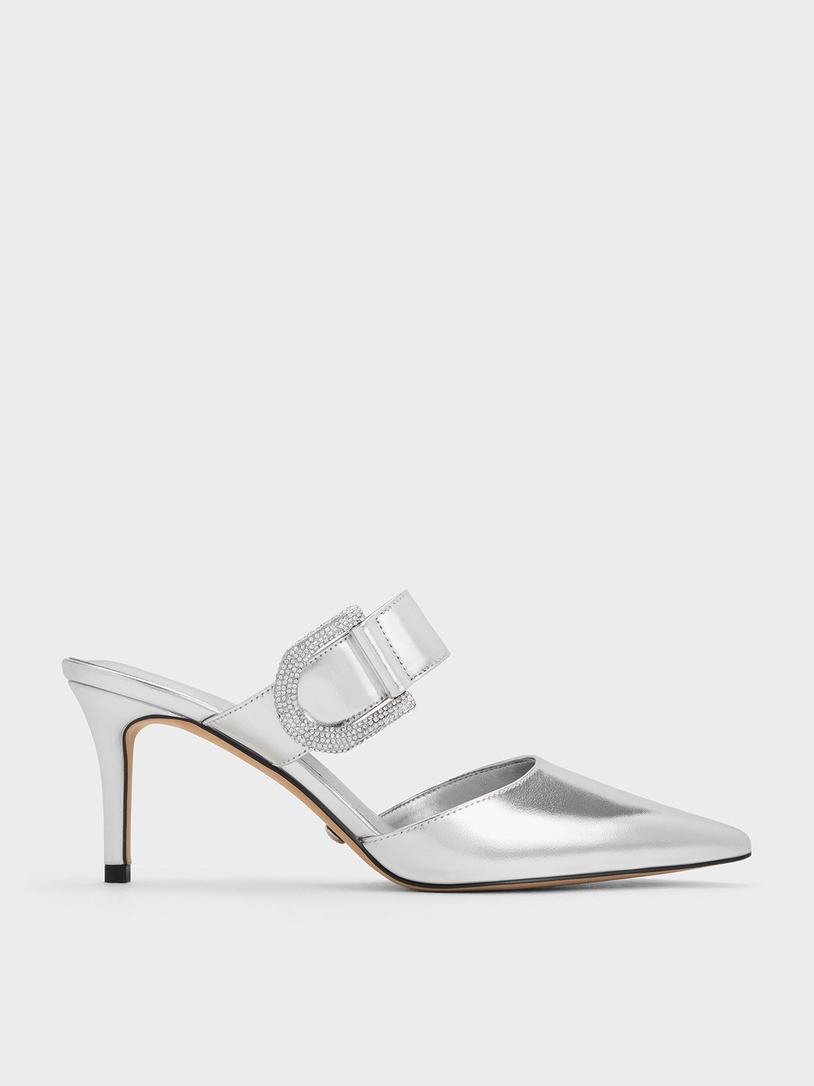 Charles & Keith - Gabine Leather Metallic Crystal-Embellished Mule Pumps