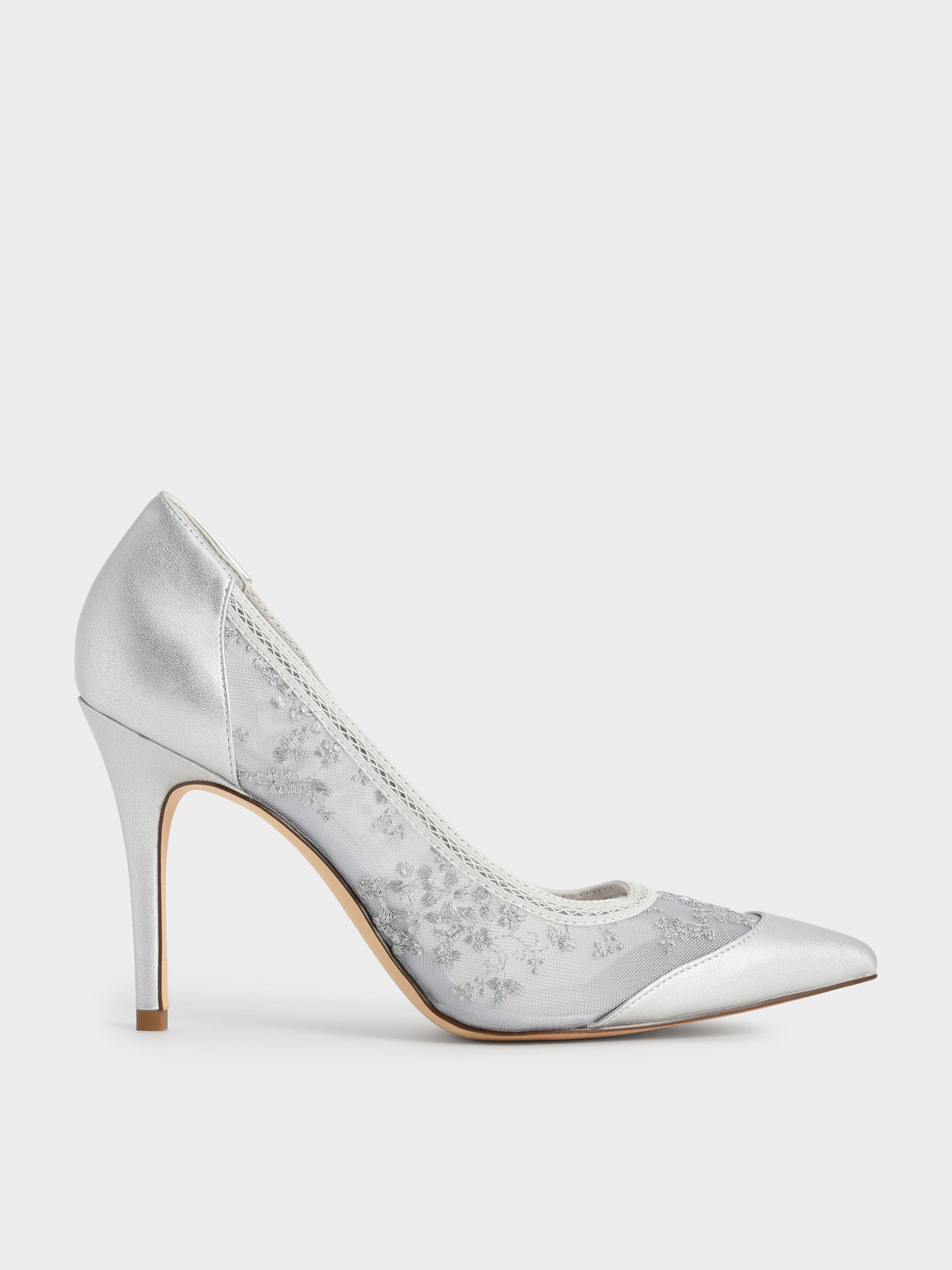 

Embroidered Mesh Pointed Pumps, Silver