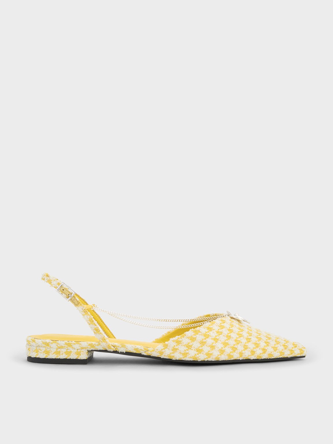 Charles & Keith - Houndstooth Flower-Accent Chain-Link Slingback Flats