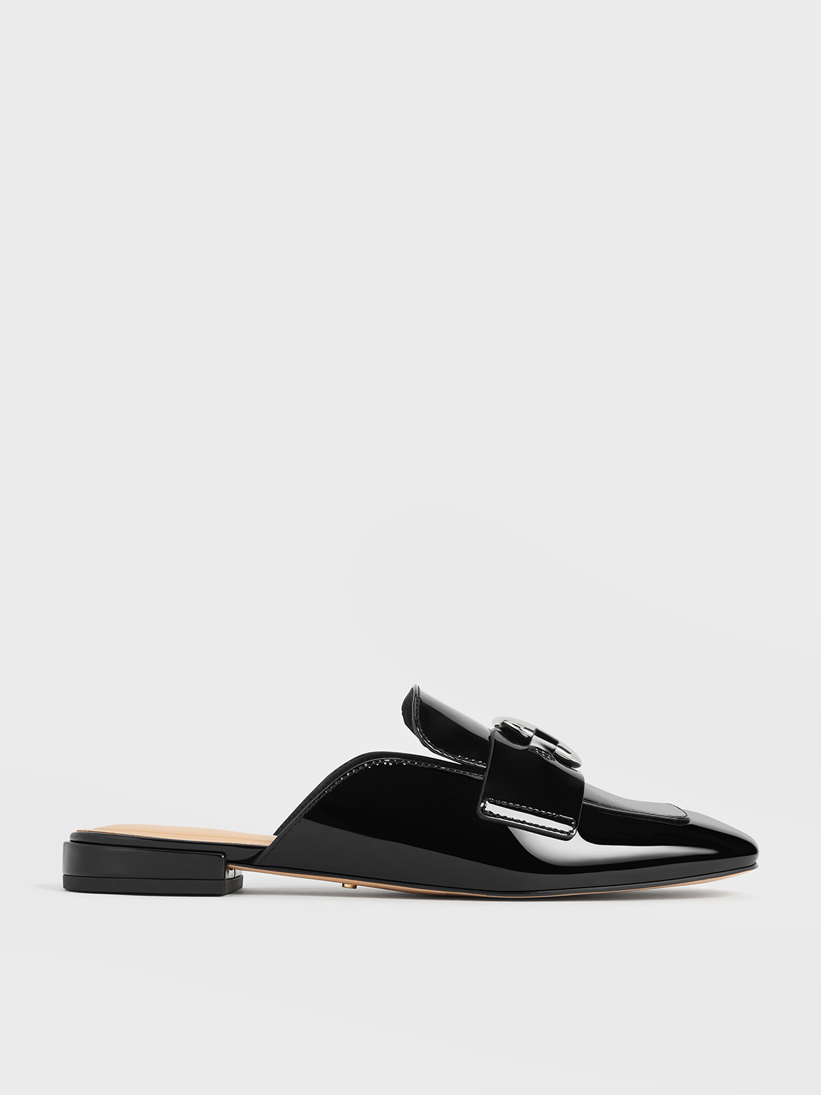 Charles & Keith - Patent Leather Metallic-Accent Loafer Mules