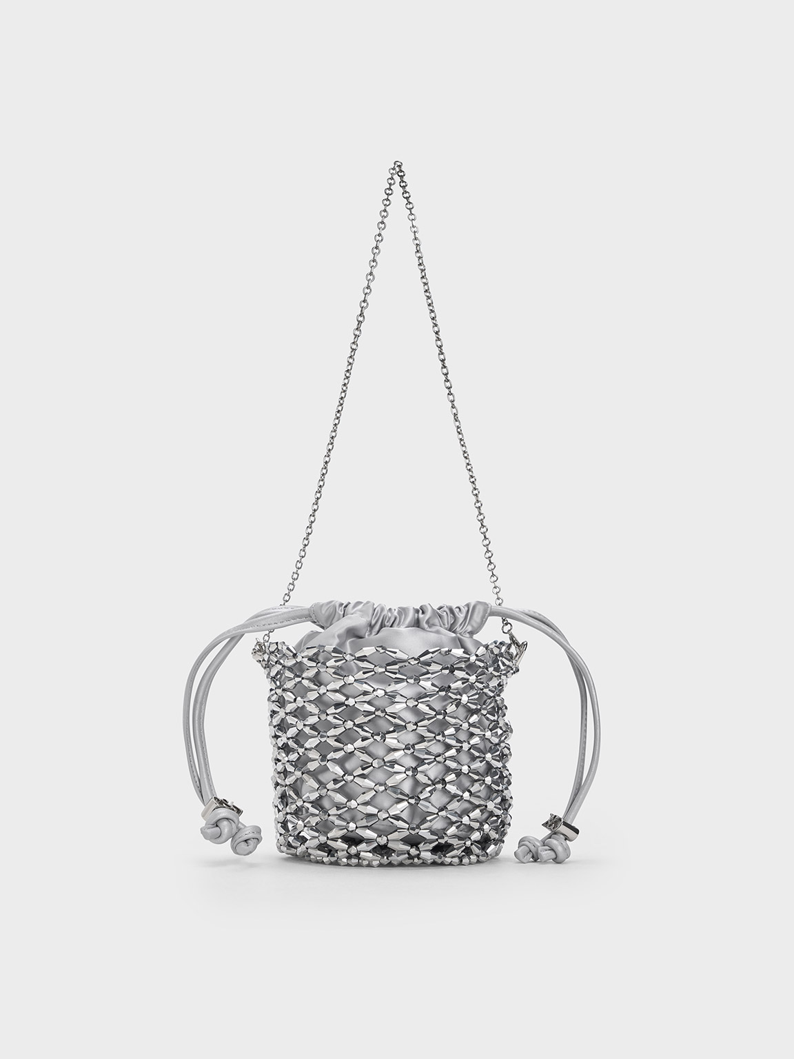 Shop Charles & Keith Beaded Chain-handle Bucket Bag In Silver