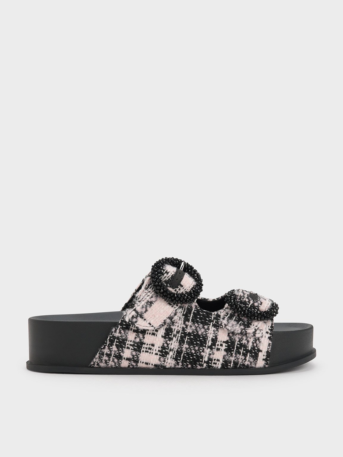 Charles & Keith - Tweed Beaded Circle Slide Sandals