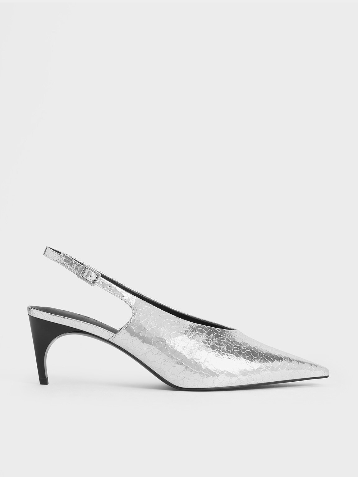 Charles & Keith - Metallic Crinkle-Effect Pointed-Toe High-Vamp Slingback Pumps