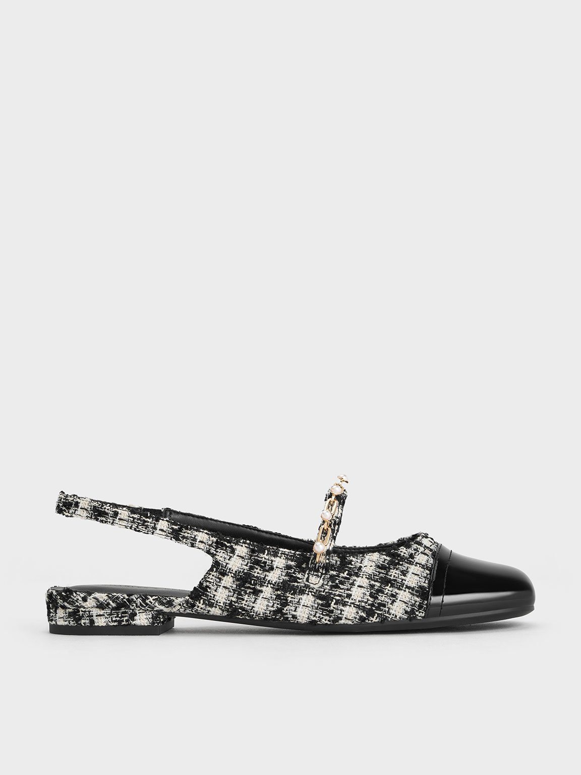 Charles & Keith - Tweed Beaded Chain-Link Slingback Flats