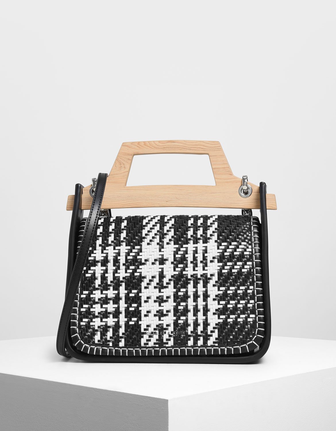 

Woven Wood-Effect Top Handle Bag, Black