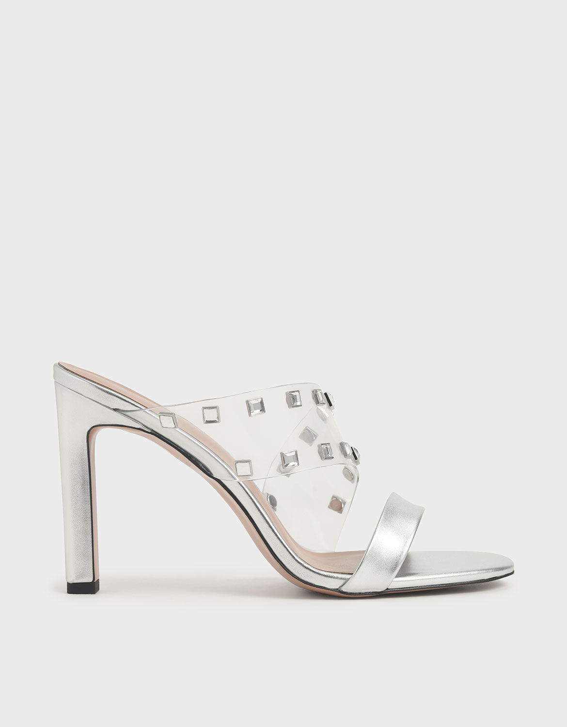 

Gem Embellished Asymmetric Strap Mules, Silver