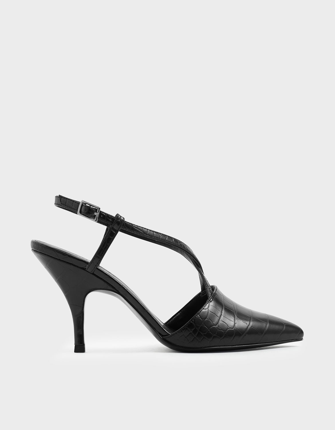 

Croc-Effect Criss Cross Strappy Pointed Toe Heels, Black