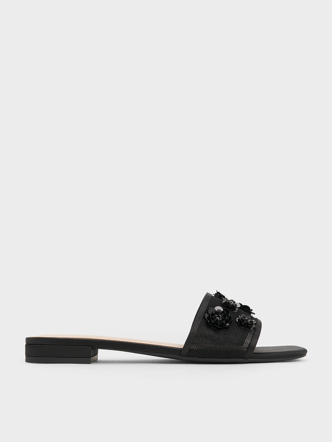 Charles & Keith - Mesh & Satin Sequin-Flower Slide Sandals