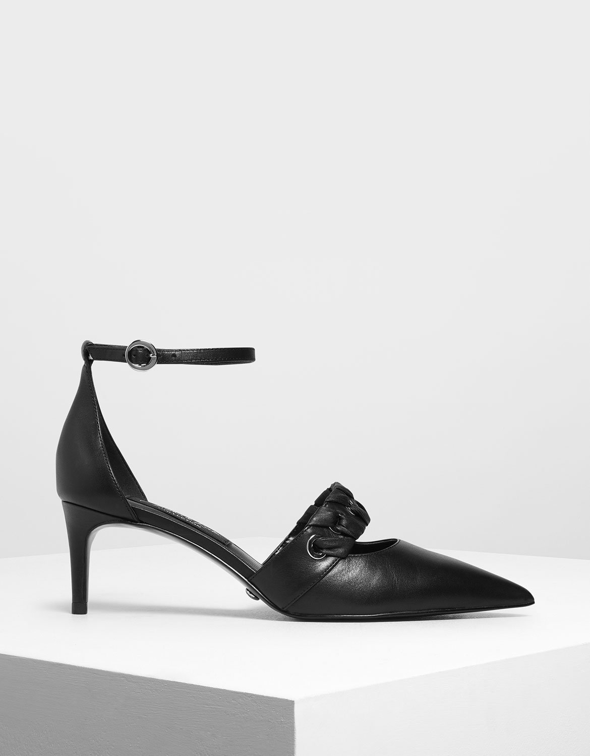 

Weave Detail Leather D'Orsay Pumps, Black