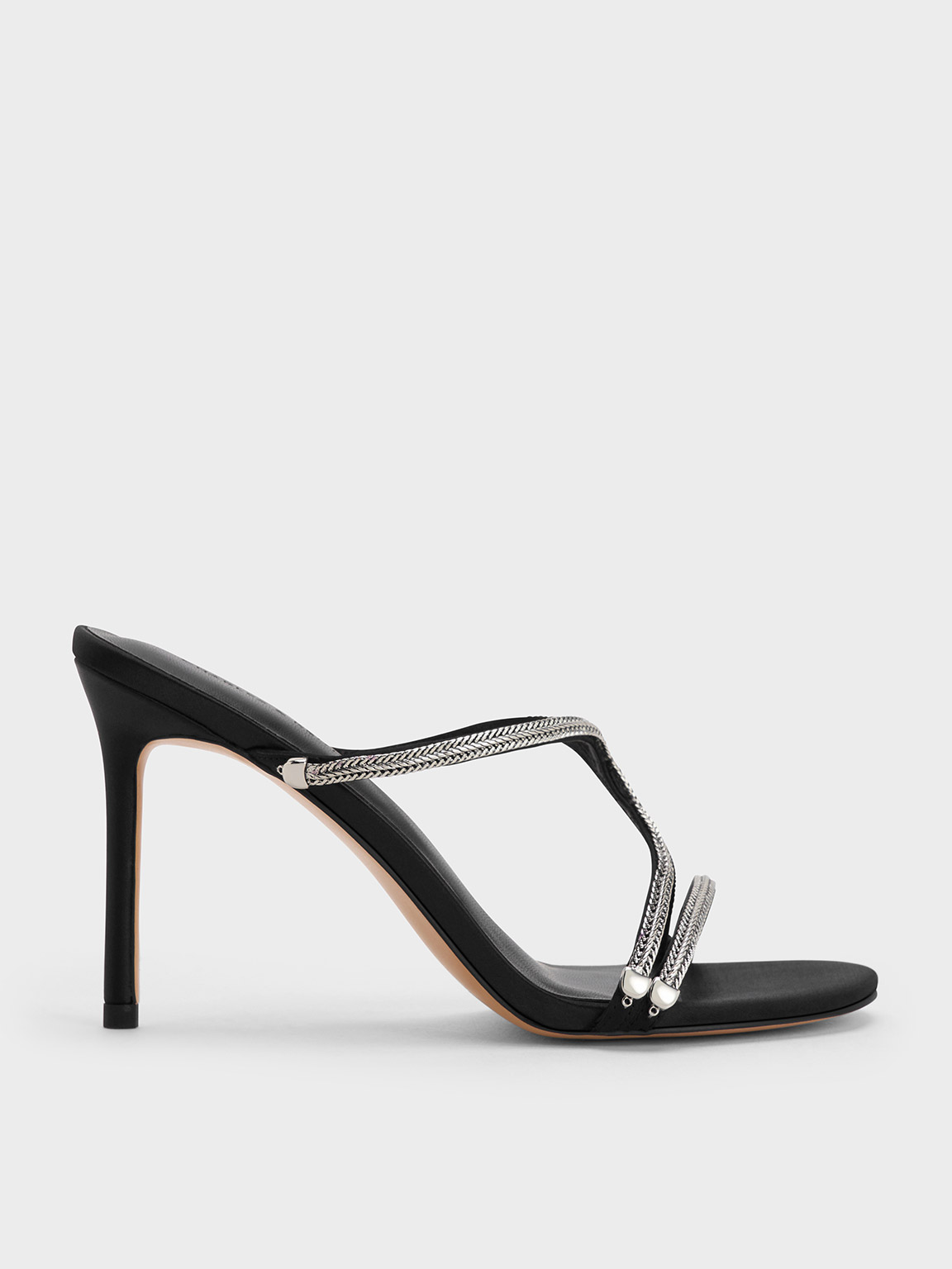 Black Textured Satin Braided Strappy Heeled Mules - CHARLES & KEITH UK