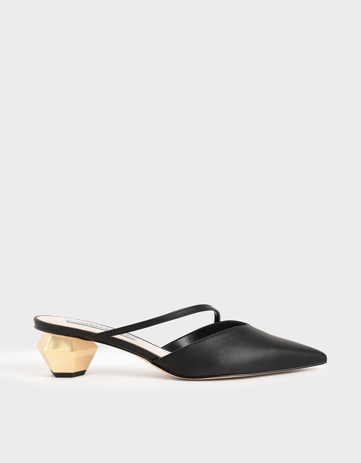 

Asymmetric Strap Chrome Heel Mules, Black