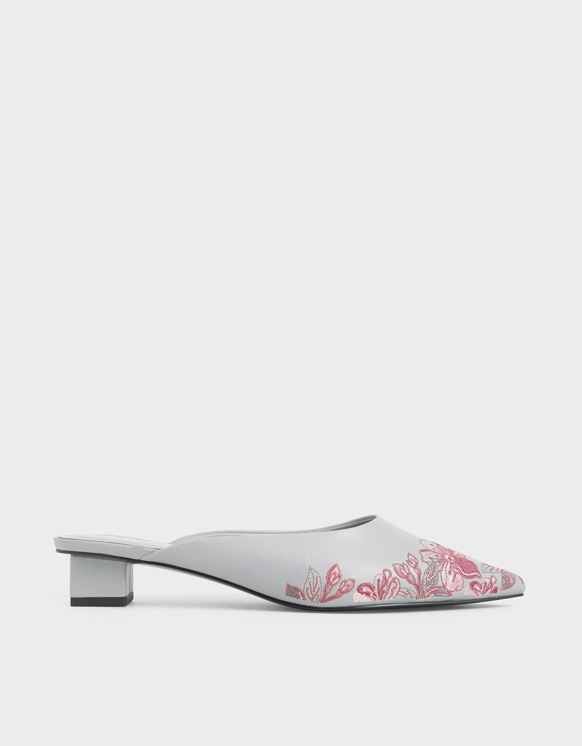 

Embroidered Floral Mules, Grey