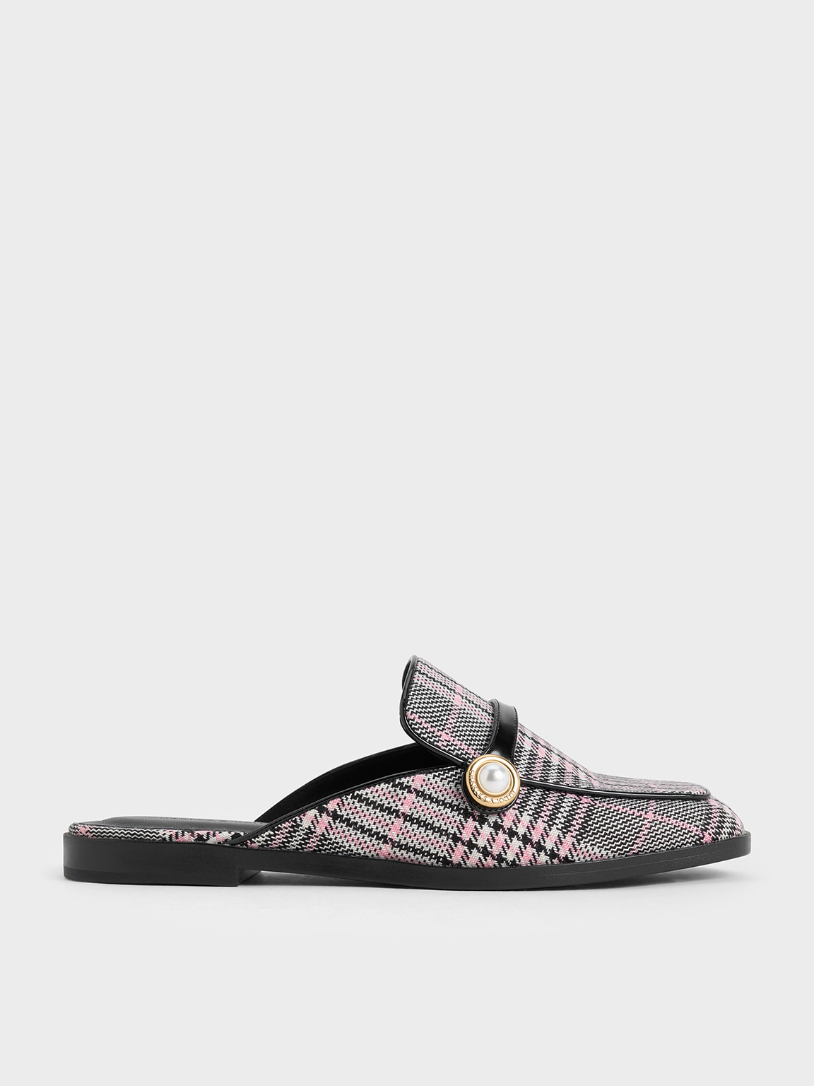 Charles & Keith - Plaid Pearl-Embellished Loafer Mules