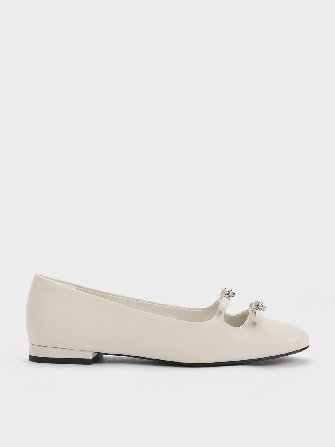 Charles & Keith Floral Beaded Bow Ballerinas In Chalk