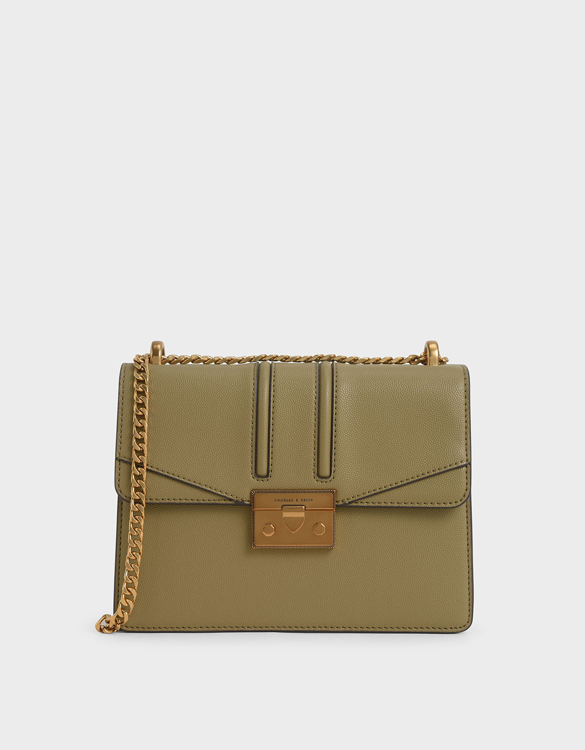 

Metallic Push-Lock Shoulder Bag, Khaki