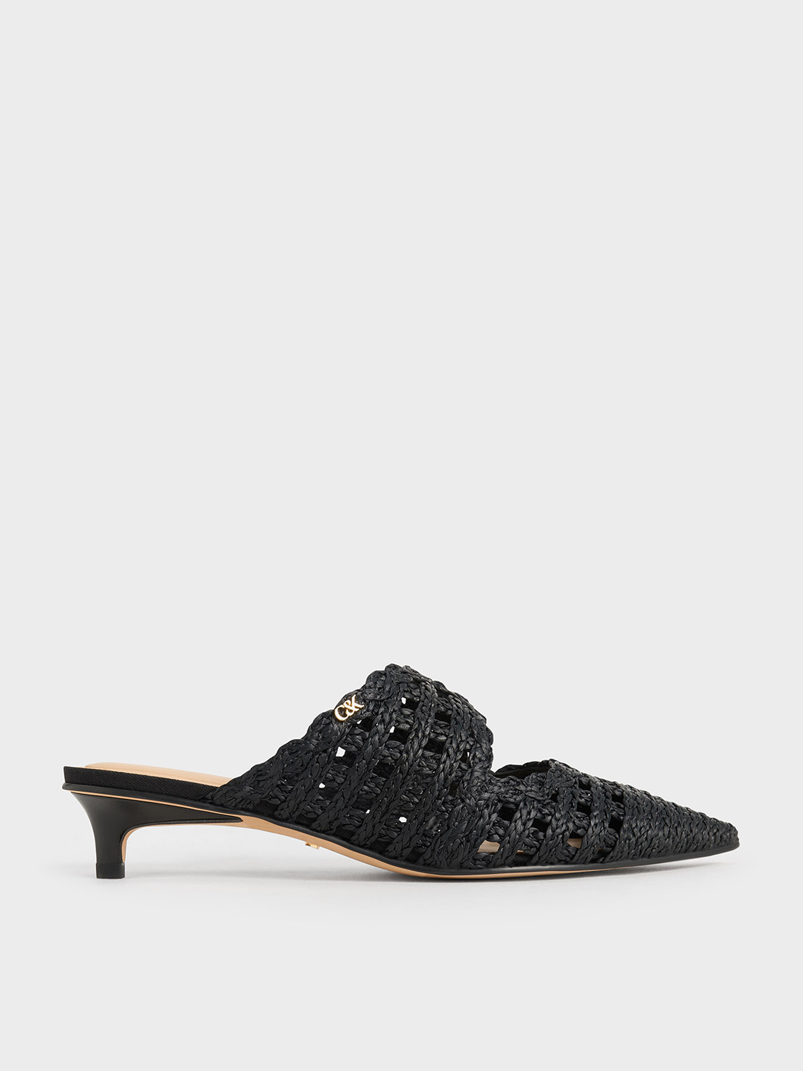 Charles & Keith - Raffia Kitten-Heel Pointed-Toe Mules