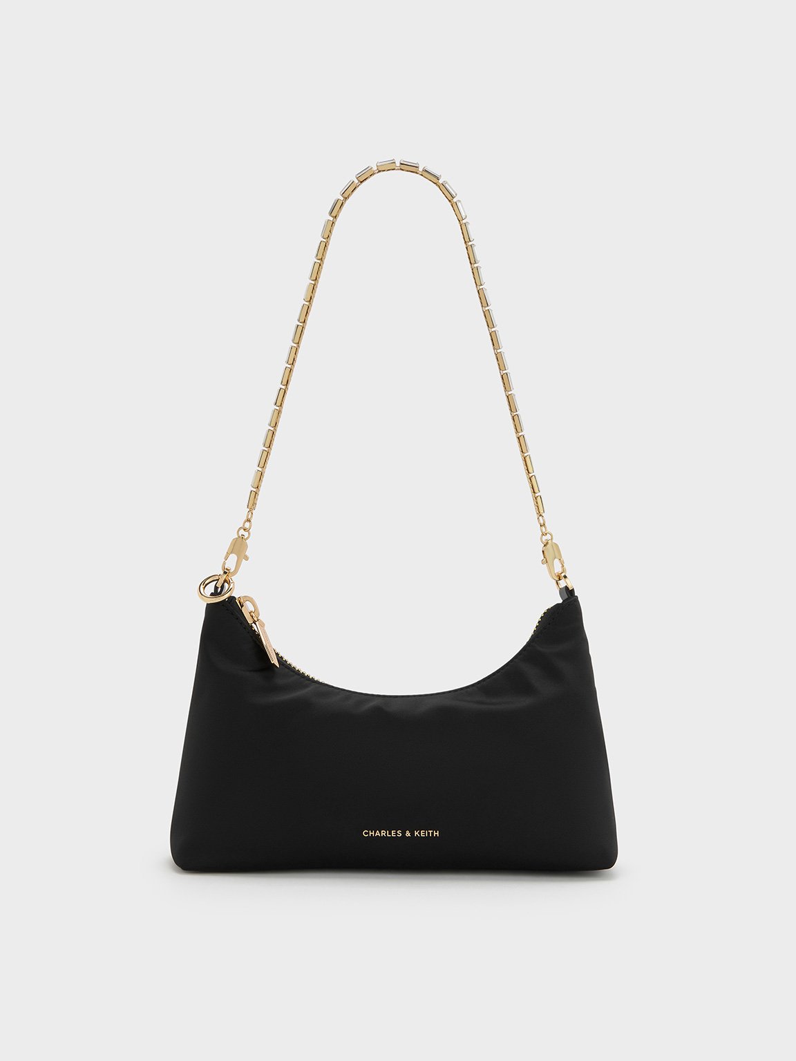 Charles & Keith - Satin Crystal-Embellished Chain-Handle Two-Way Bag