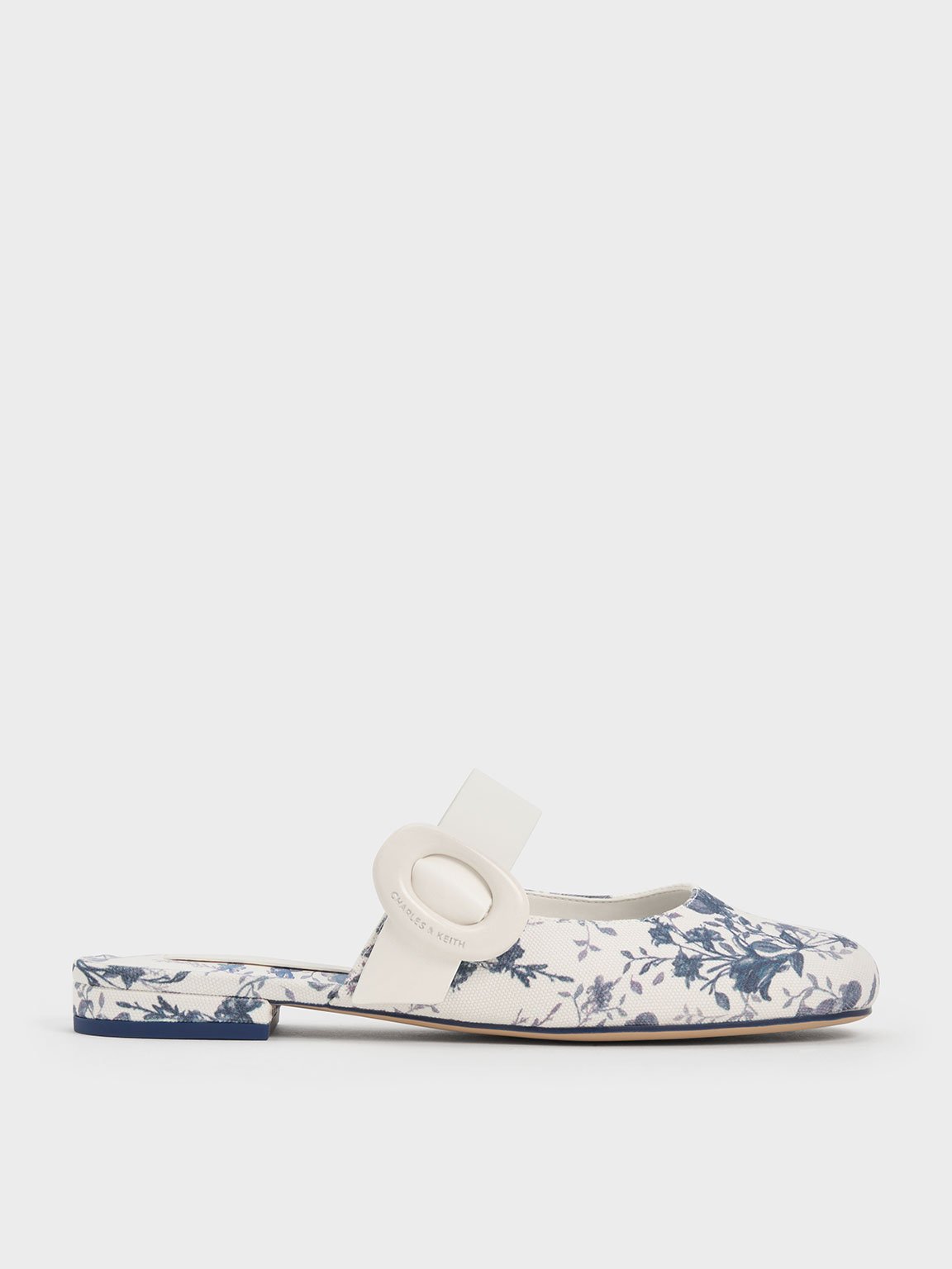 Charles & Keith - Floral-Print Oval-Buckle Flat Mules