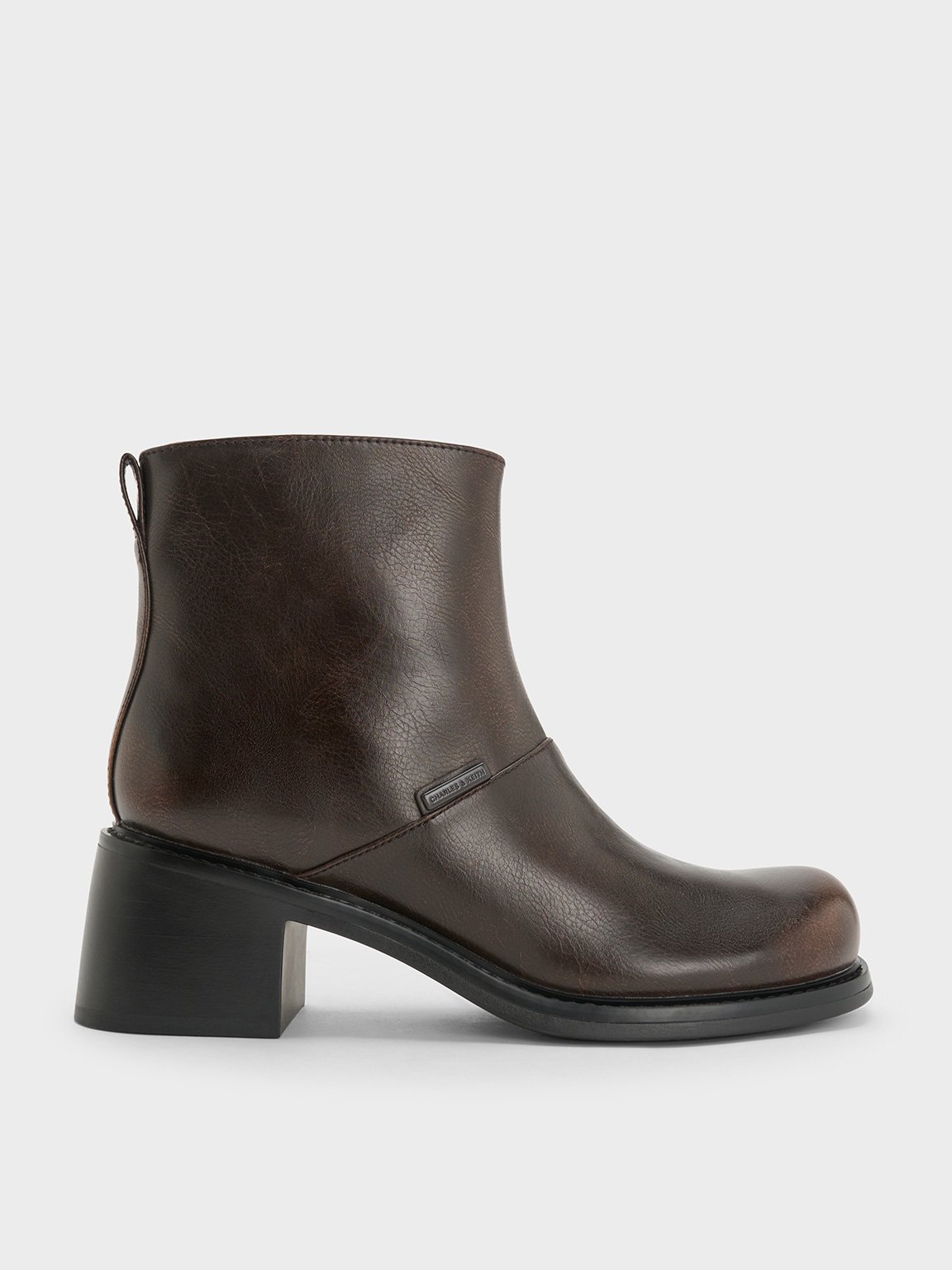 Dark Brown Stitch Trim Block Heel Ankle Boots CHARLES KEITH UK