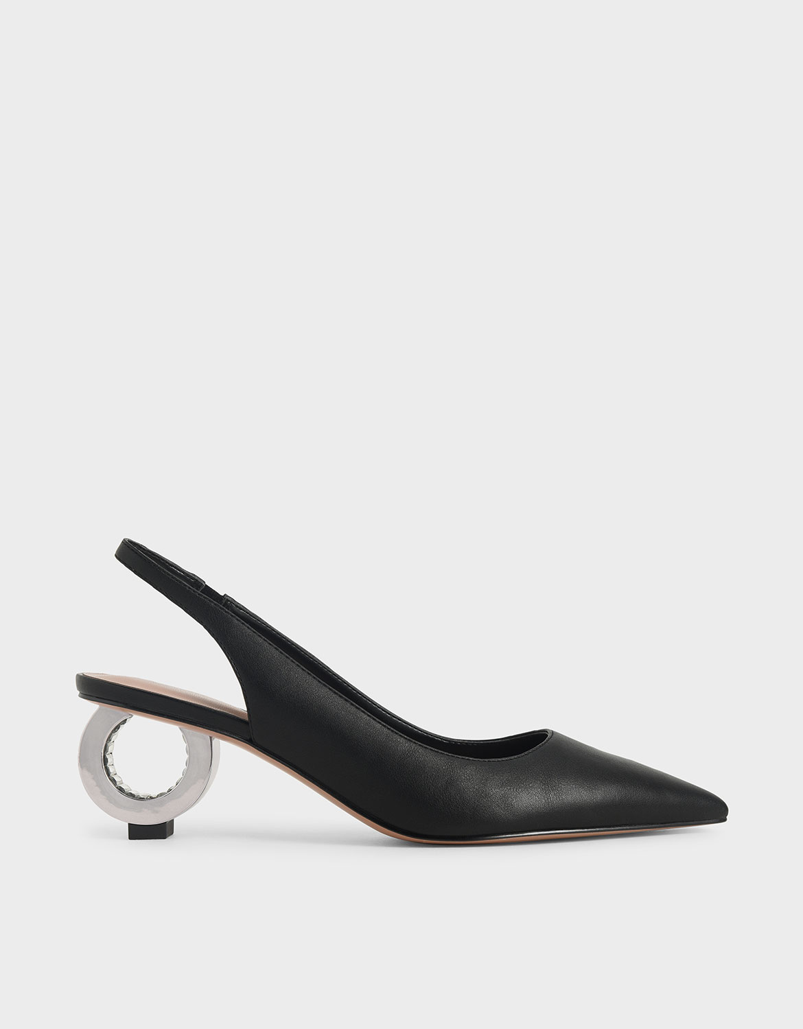 

Sculptural Chrome Heel Slingback Pumps, Black