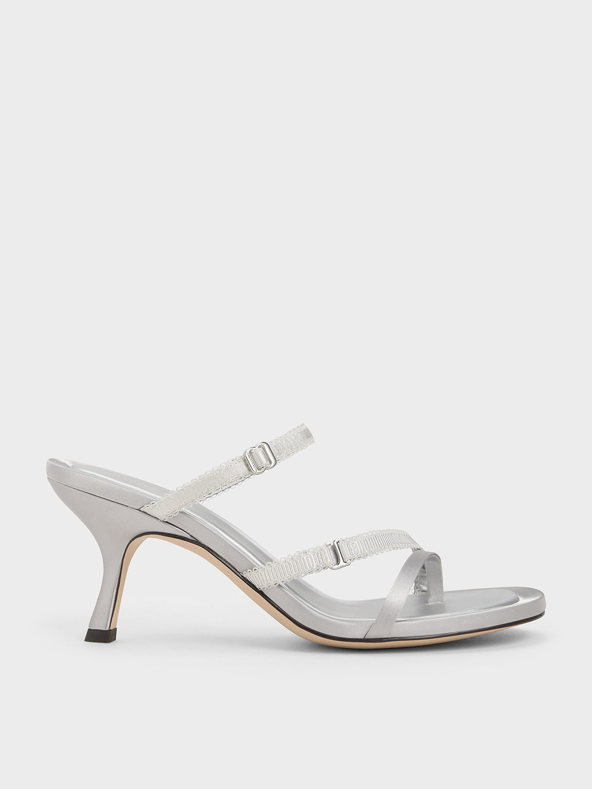 Silver Satin Lace Strap Thong Sandals CHARLES KEITH UK