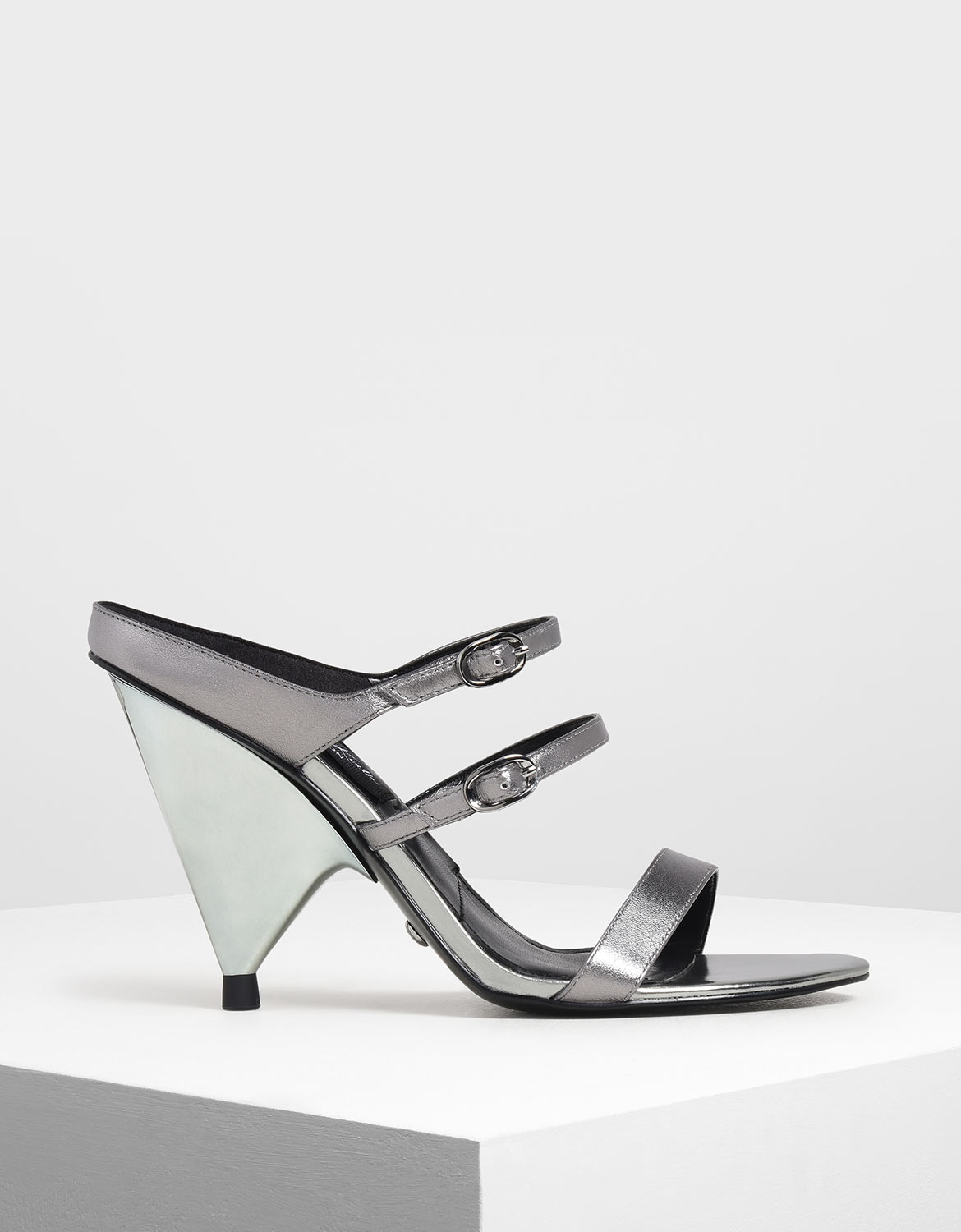 

Leather Double Strap Mary Jane Cone Heels, Silver