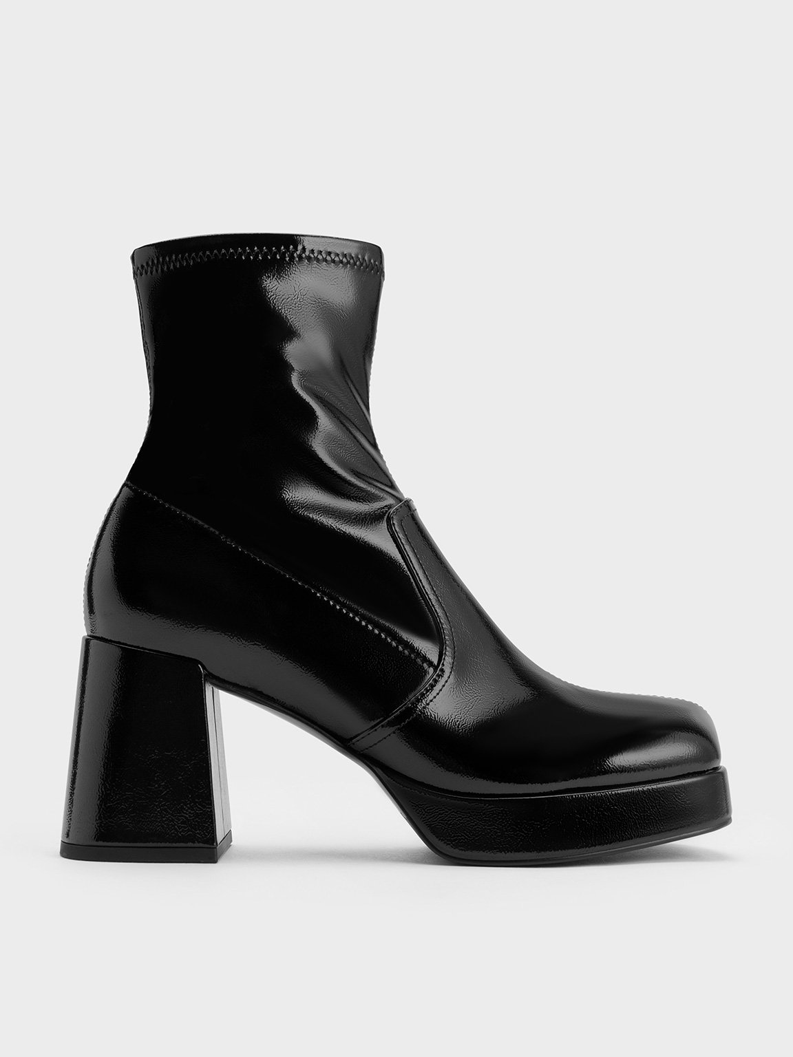 Charles & Keith - Patent Crinkle-Effect Block-Heel Boots