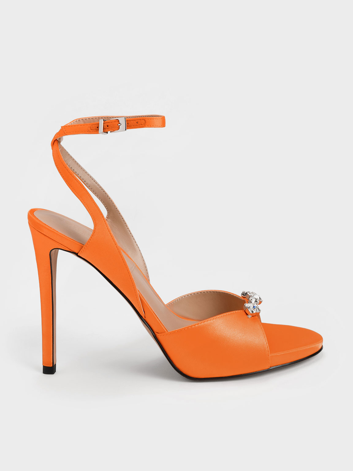 Orange Metallic Gem-Encrusted Ankle Strap Sandals | CHARLES & KEITH UK