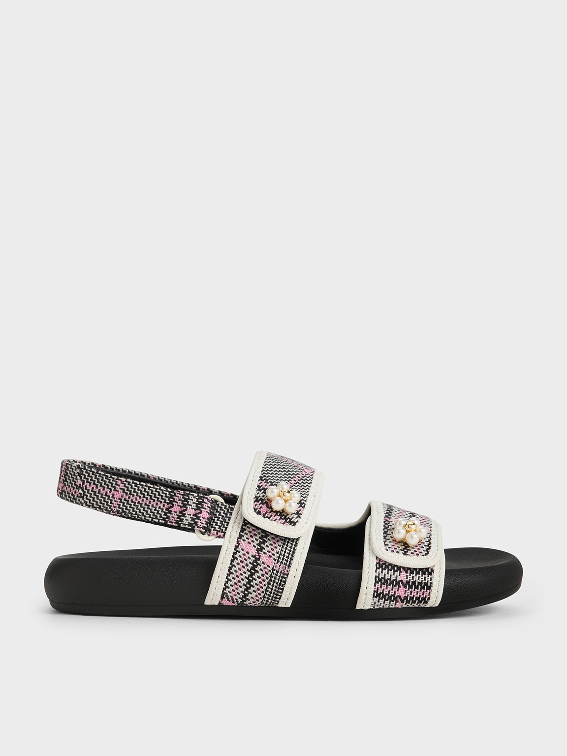 Charles & Keith - Girls' Plaid Beaded-Flower Sandals