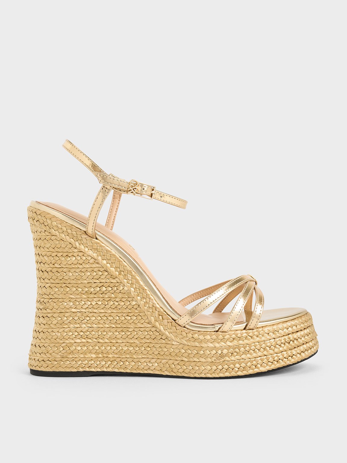 Charles & Keith - Leather Metallic Strappy Espadrille Wedges