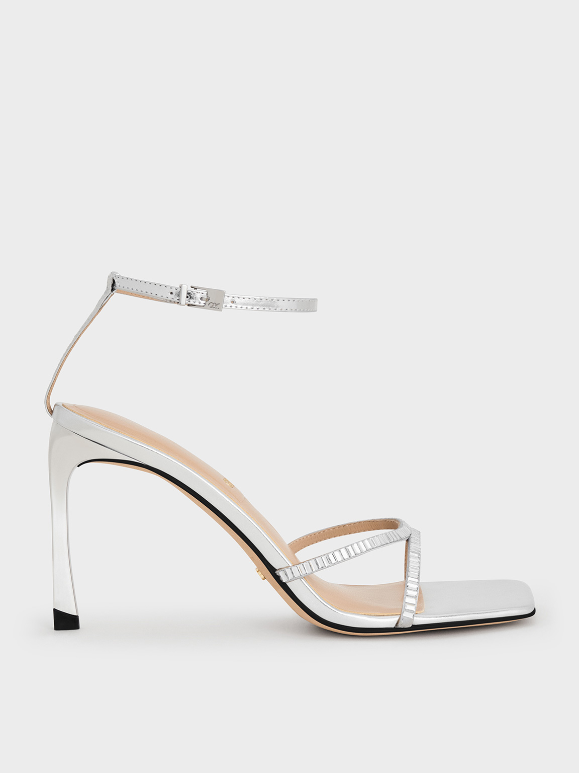 Charles & Keith - Metallic Leather & Satin Crystal-Embellished Ankle-Strap Sandals