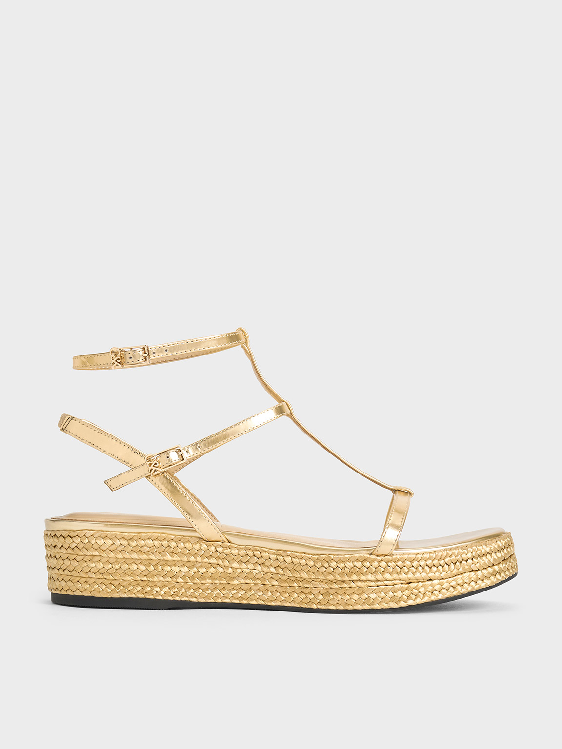 Shop Charles & Keith - Metallic Leather T-bar Espadrille Sandals In Gold