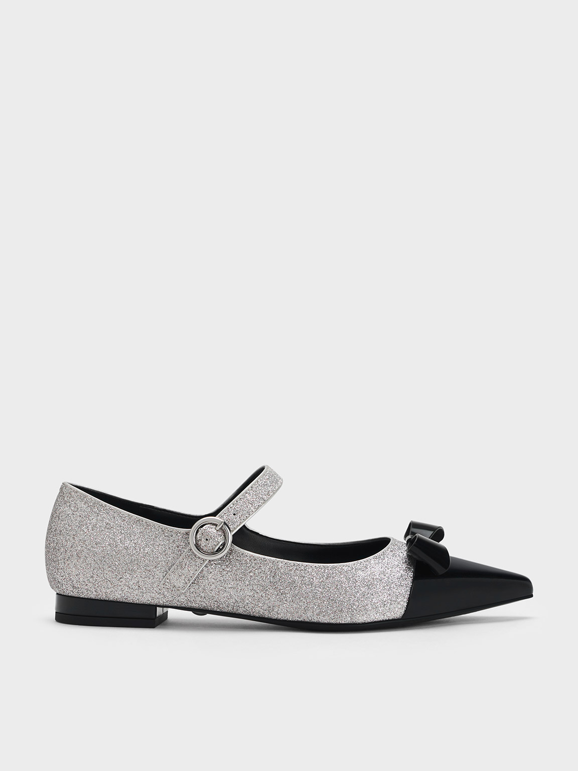 Charles & Keith - Leather Glittered Bow Mary Jane Flats